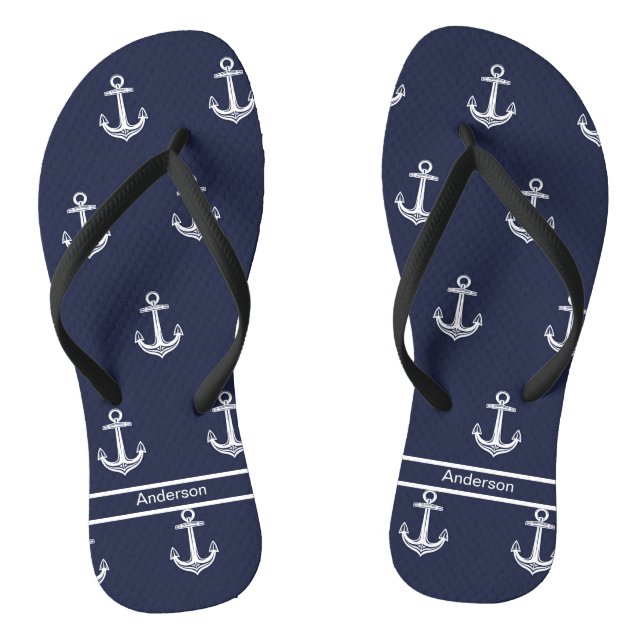 Custom Nautical Anchor  Bathroom Ocean Navy Blue Thongs (Footbed)