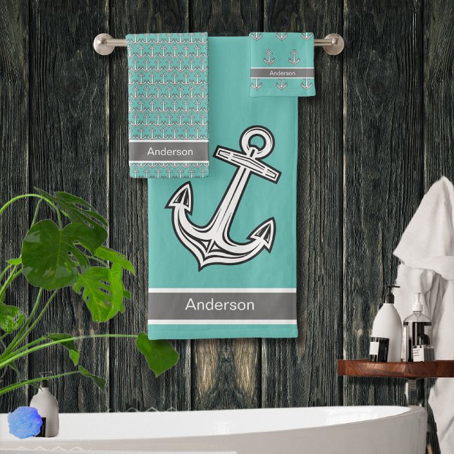 Custom Nautical Anchor Bathroom Pink Grey White Ba Bath Towel Set (Creator Uploaded)