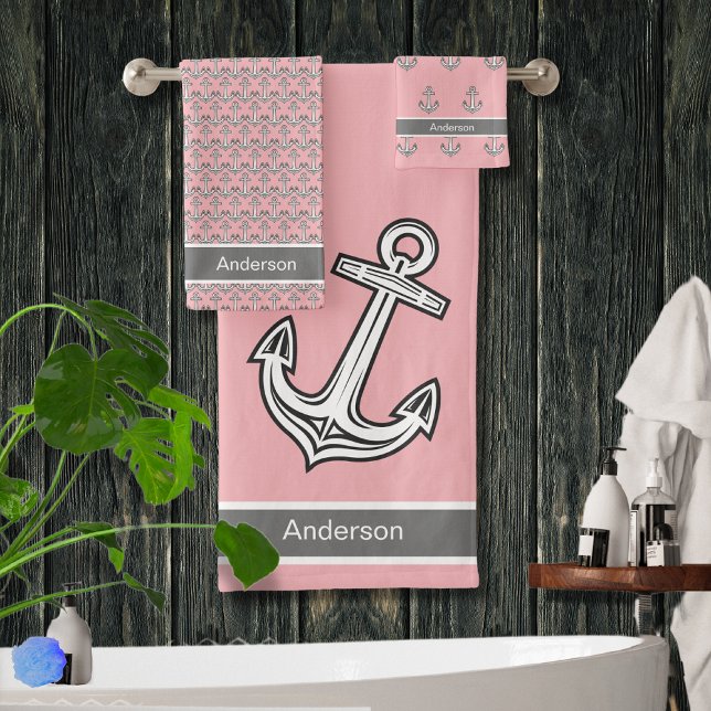 Custom Nautical Anchor Bathroom Pink Grey White Bath Towel Set (Creator Uploaded)