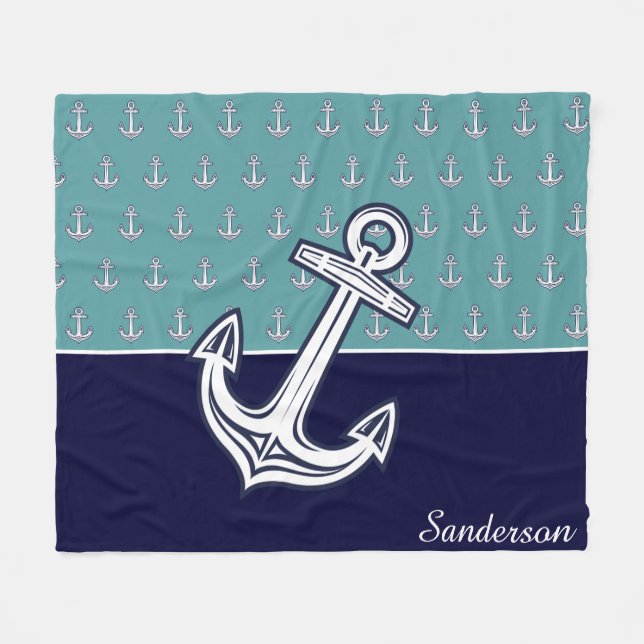 Custom Nautical Anchor Bathroom Teal Navy Blue  Fl Fleece Blanket (Front (Horizontal))