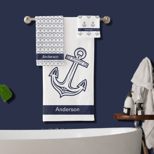 Custom Nautical Anchor Bathroom White Navy Blue Bath Towel Set