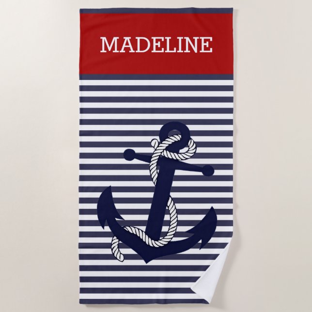 Custom Nautical Anchor Blue Dark Red Stripes Beach Towel (Front)