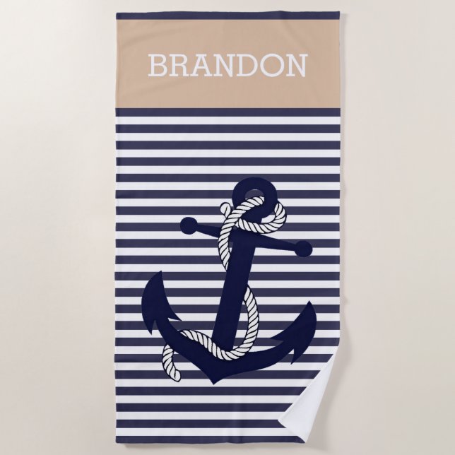 Custom Nautical Anchor Blue Taupe Beige Stripes Beach Towel (Front)