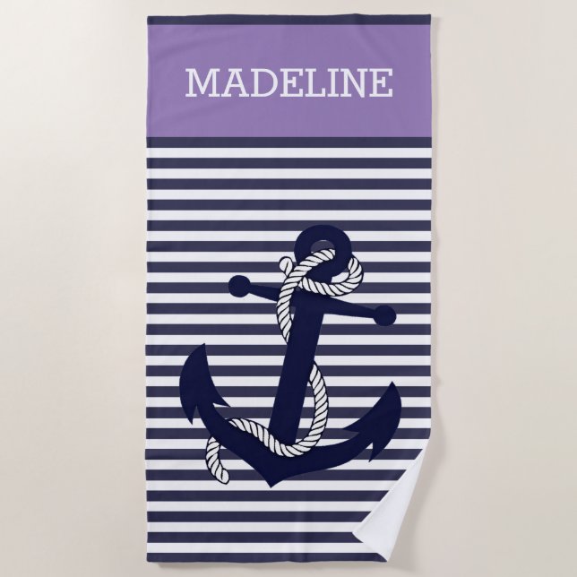 Custom Nautical Anchor Blue Violet Purple Stripes Beach Towel (Front)