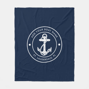 Custom Nautical Anchor Boat Name Navy Blue Boating Fleece Blanket