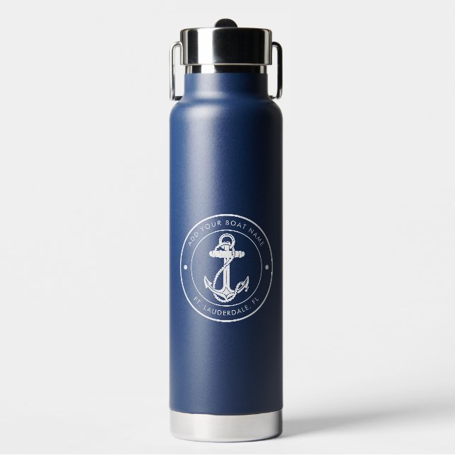 Custom Nautical Anchor Boat Name Water Bottle (Front)