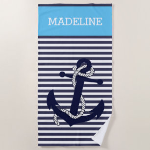 Custom Nautical Anchor Bright Sky Blue Stripes Beach Towel