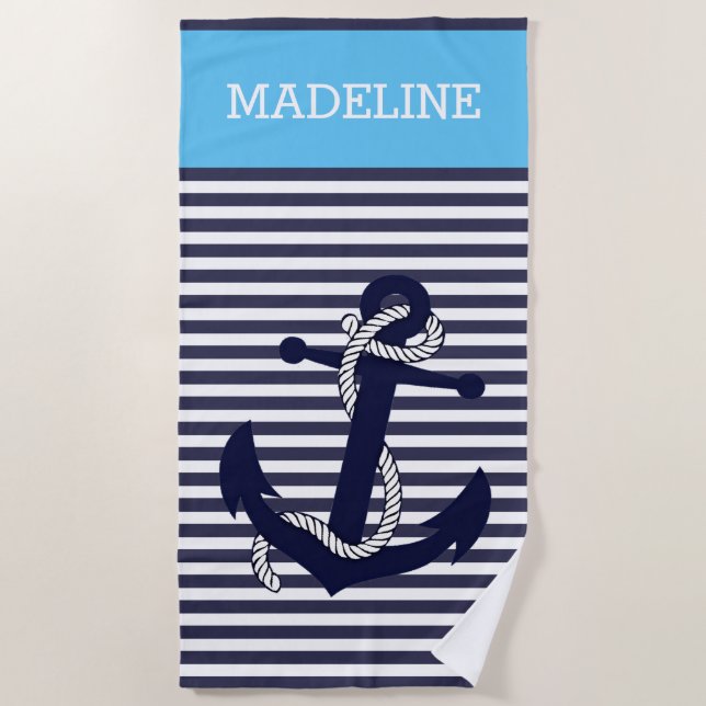 Custom Nautical Anchor Bright Sky Blue Stripes Beach Towel (Front)