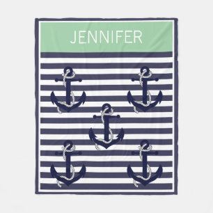 Custom Nautical Anchor Chic Stripes Pattern Fleece Blanket