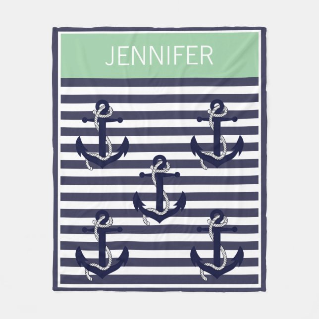 Custom Nautical Anchor Chic Stripes Pattern Fleece Blanket (Front)