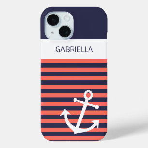 Custom Nautical Anchor Coral Red Stripe Pattern iPhone 15 Case
