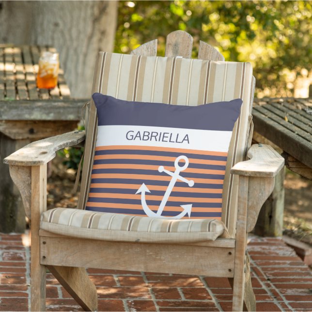 Custom Nautical Anchor Light Orange Stripe Pattern Cushion (Chair)