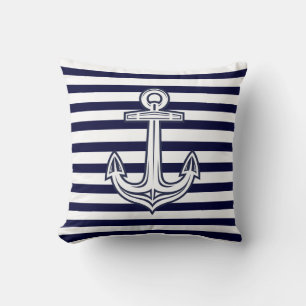 Custom Nautical Anchor Navy Blue stripes Cushion