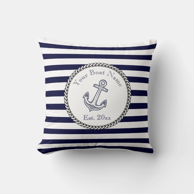 Custom Nautical Anchor Navy Blue stripes Cushion (Front)