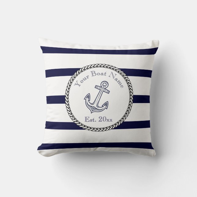 Custom Nautical Anchor Navy Blue stripes Throw Pil Cushion (Front)