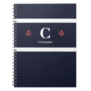 Custom Nautical Anchor Navy Blue White Stripes Notebook