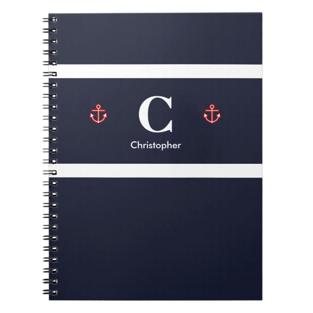 Custom Nautical Anchor Navy Blue White Stripes Notebook (Front)