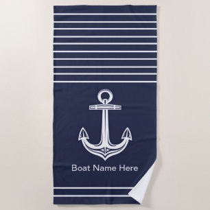 Custom Nautical Anchor Ocean Navy Blue Beach Towel