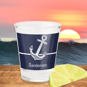 Custom Nautical Anchor Ocean Navy Blue Shot Glass