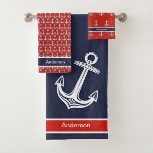 Custom Nautical Anchor Ocean Red Blue White Bath Towel Set