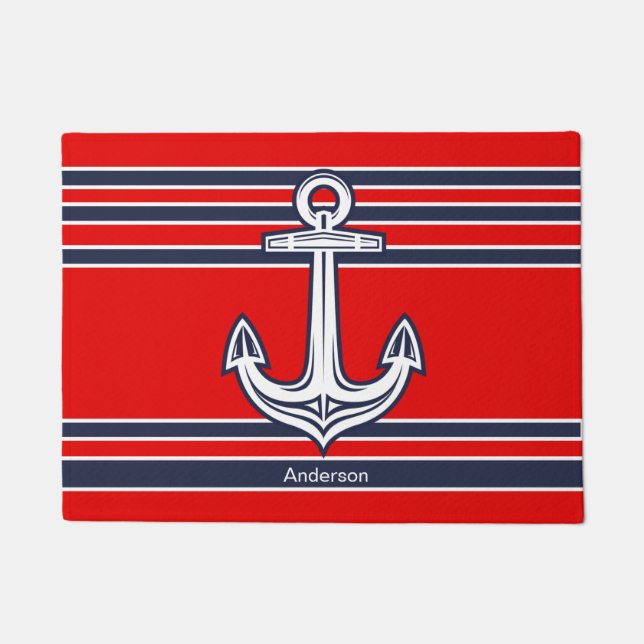 Custom Nautical Anchor  Red Navy Blue Doormat (Front)