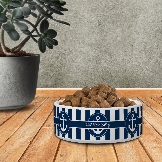Custom Nautical Anchor Rope Navy Blue Stripes Pet Bowl (Creator Uploaded)