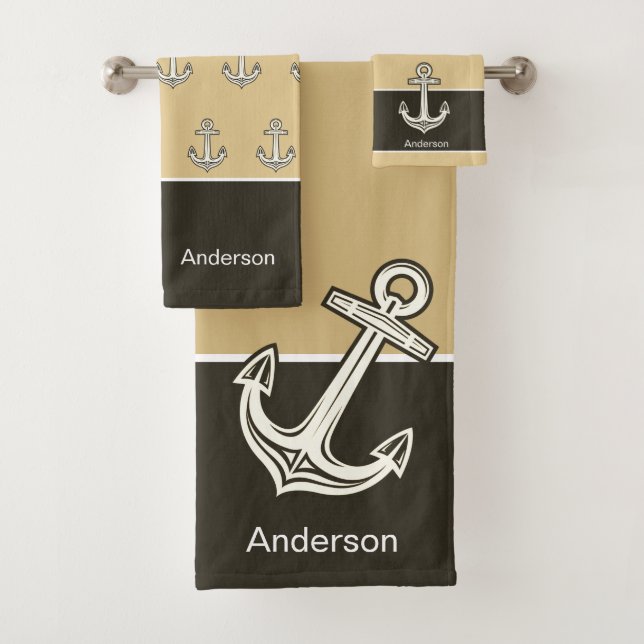 Custom Nautical Anchor Sand Tan Brown  Bath Towel Set (Insitu)