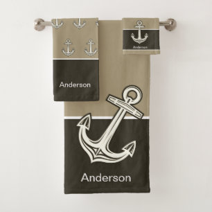 Custom Nautical Anchor Sand Taupe Beige Brown Bath Towel Set
