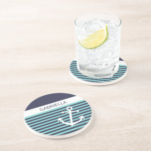 Custom Nautical Aqua Turquoise Blue Stripe Pattern Coaster