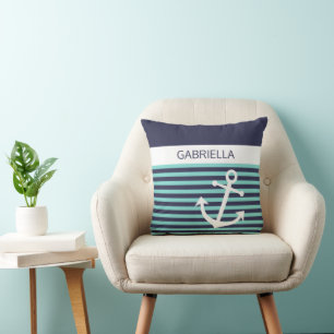 Custom Nautical Aqua Turquoise Blue Stripe Pattern Cushion