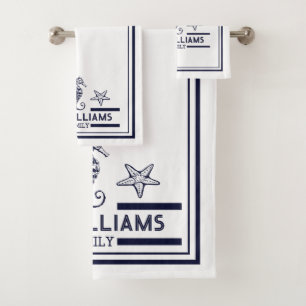Custom Nautical Bathroom Ocean Navy Blue White Bath Towel Set