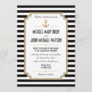 Custom Nautical Black White Wedding Invitation