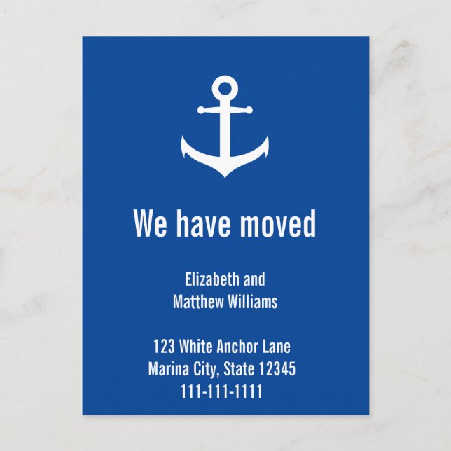 Custom Nautical Blue and White Moving Announcement Postcard (Front)