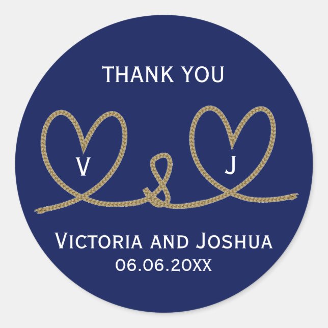 Custom Nautical Blue Hearts Rope Cord Wedding Classic Round Sticker (Front)