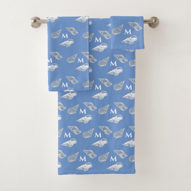 Custom Nautical Blue Seashell Beach house Bath Towel Set (Insitu)