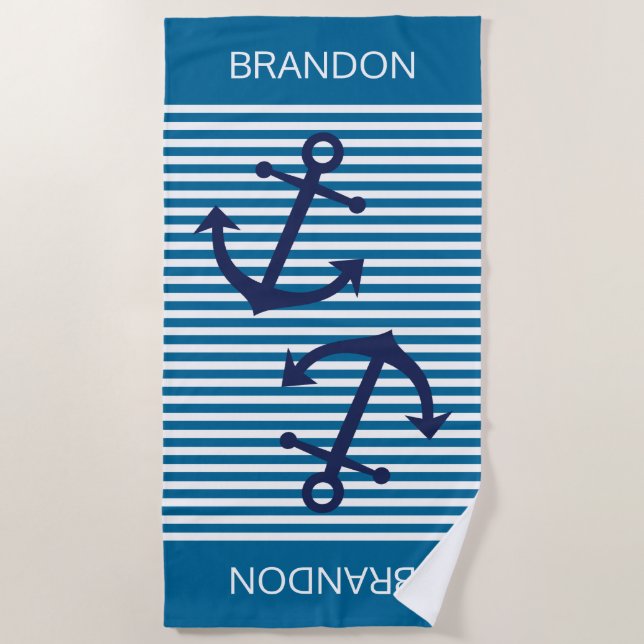 Custom Nautical Blue White Preppy Stripes Pattern Beach Towel (Front)