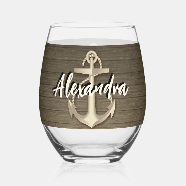 Custom Nautical Boat Anchor Name Wood  Stemless Wine Glass (Front)