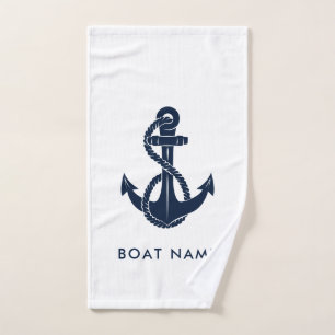 Custom Nautical Boat Name Navy Blue Anchor Hand Towel