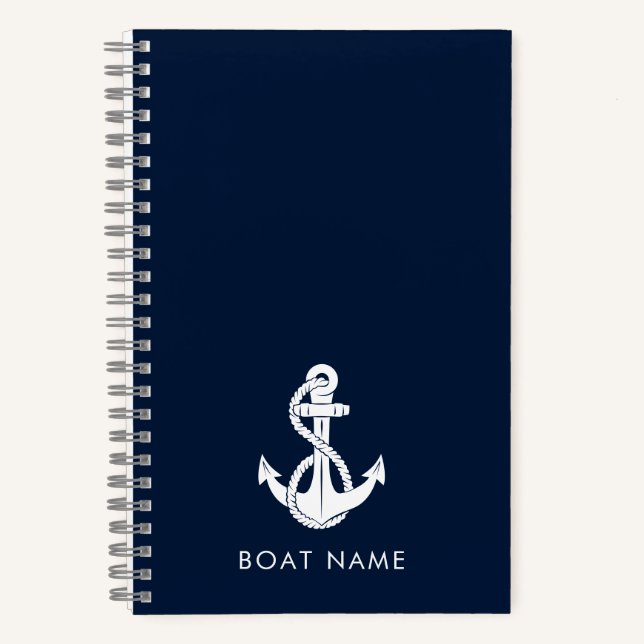 Custom Nautical Boat Name Navy Blue Anchor Notebook (Front)