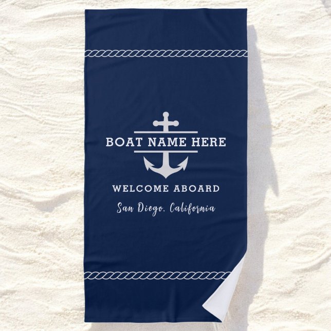 Custom Nautical Boat Name Welcome Aboard Anchor  Beach Towel (Creator Uploaded)