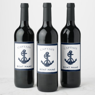 Custom Nautical Captain Boat Anchor Navy Wine Label