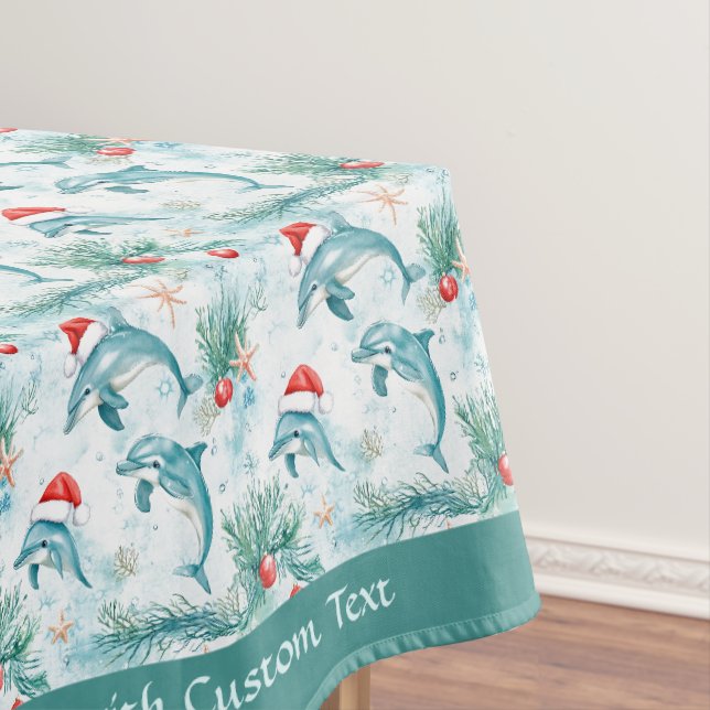 Custom Nautical Christmas Santa Dolphin Pattern Tablecloth (In Situ)