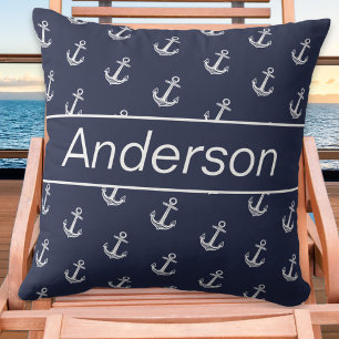 Custom Nautical Coastal Anchor Navy Blue White  Cushion