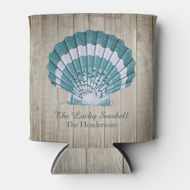 Custom Nautical Coastal Blue Seashell Monogram Can Cooler (Front)