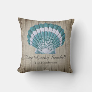 Custom Nautical Coastal Blue Seashell Monogram  Cushion