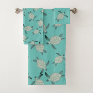 Custom Nautical Coastal Sea Turtle Aqua Blue Green Bath Towel Set
