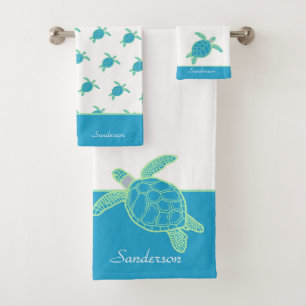 Custom Nautical Coastal Sea Turtle Blue and Grey Bath Towel Set