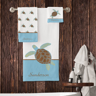 Custom Nautical Coastal Sea Turtle Blue and Grey Bath Towel Set