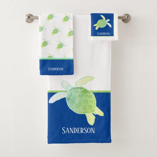 Custom Nautical Coastal Sea Turtle Blue White Bath Towel Set (Insitu)