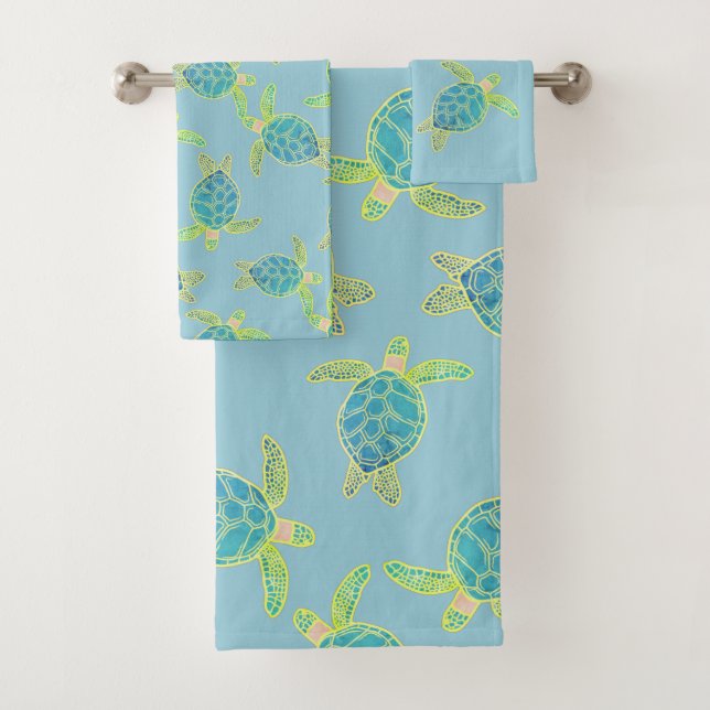Custom Nautical Coastal Sea Turtle Dusty Blue Bath Towel Set (Insitu)